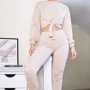 PrettyLittleThing Beige Tie-Front High-Waist Jumpsuit